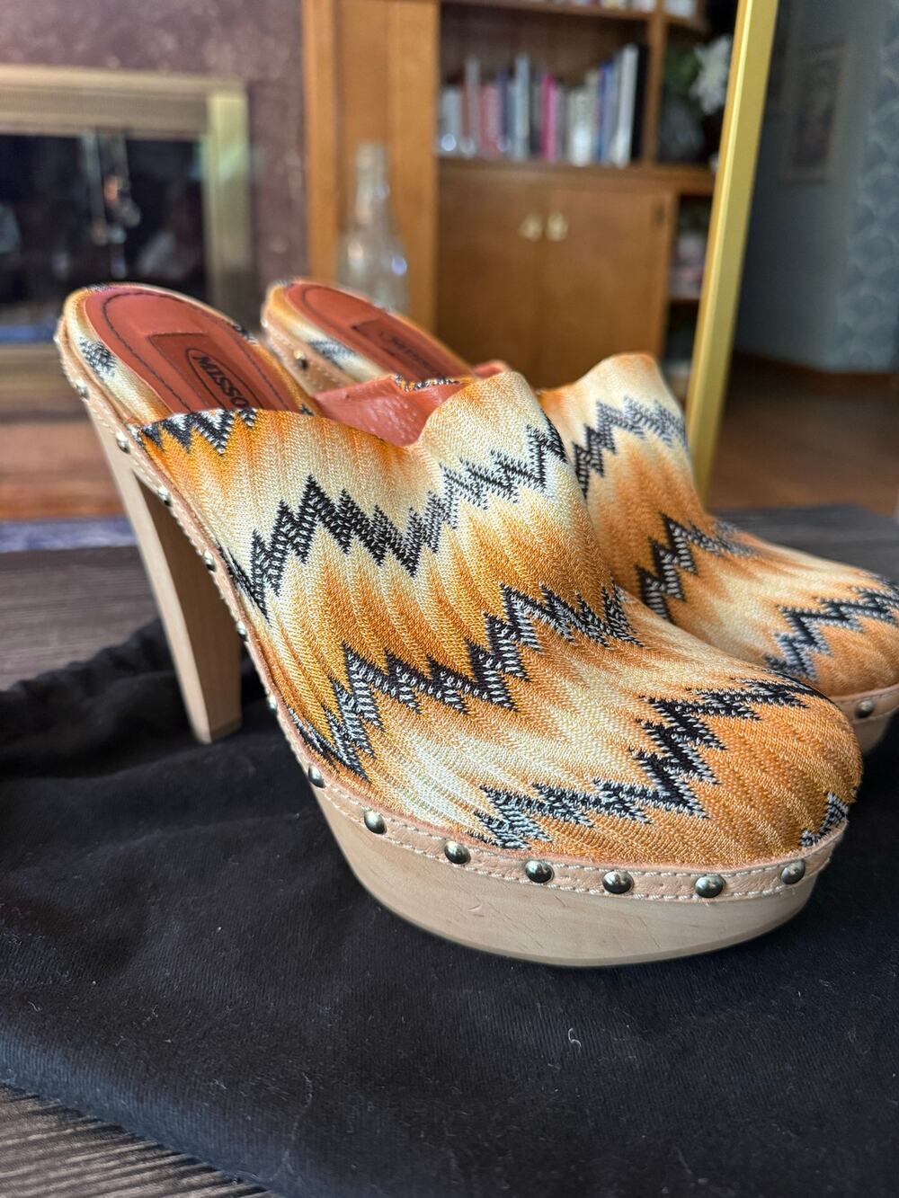 MISSONI Signature Chevron Knit Studded Wooden Platform Clog Mules Sz. 40